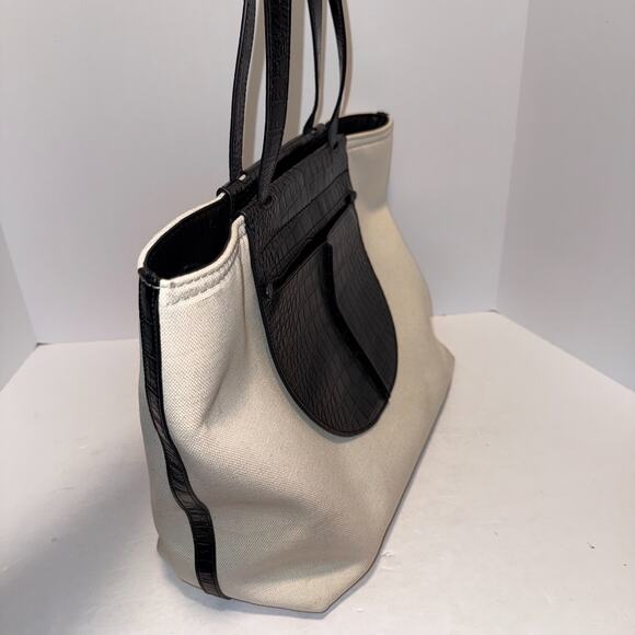 TOD´S Tasca Canvas & Croc Embossed Leather Tote Black & White Made in Italy - Picture 5 of 16